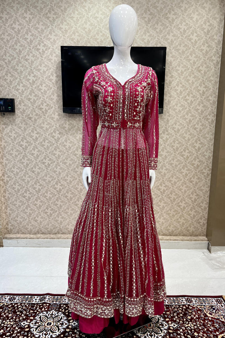 Rani Pink Stone, Mirror and Thread work Long Top Lehenga - Seasons Chennai
