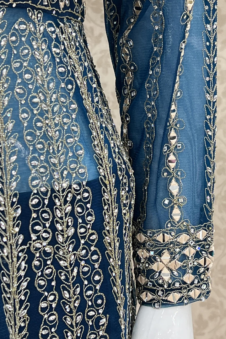 Peacock Blue Stone, Mirror and Thread work Long Top Lehenga - Seasons Chennai