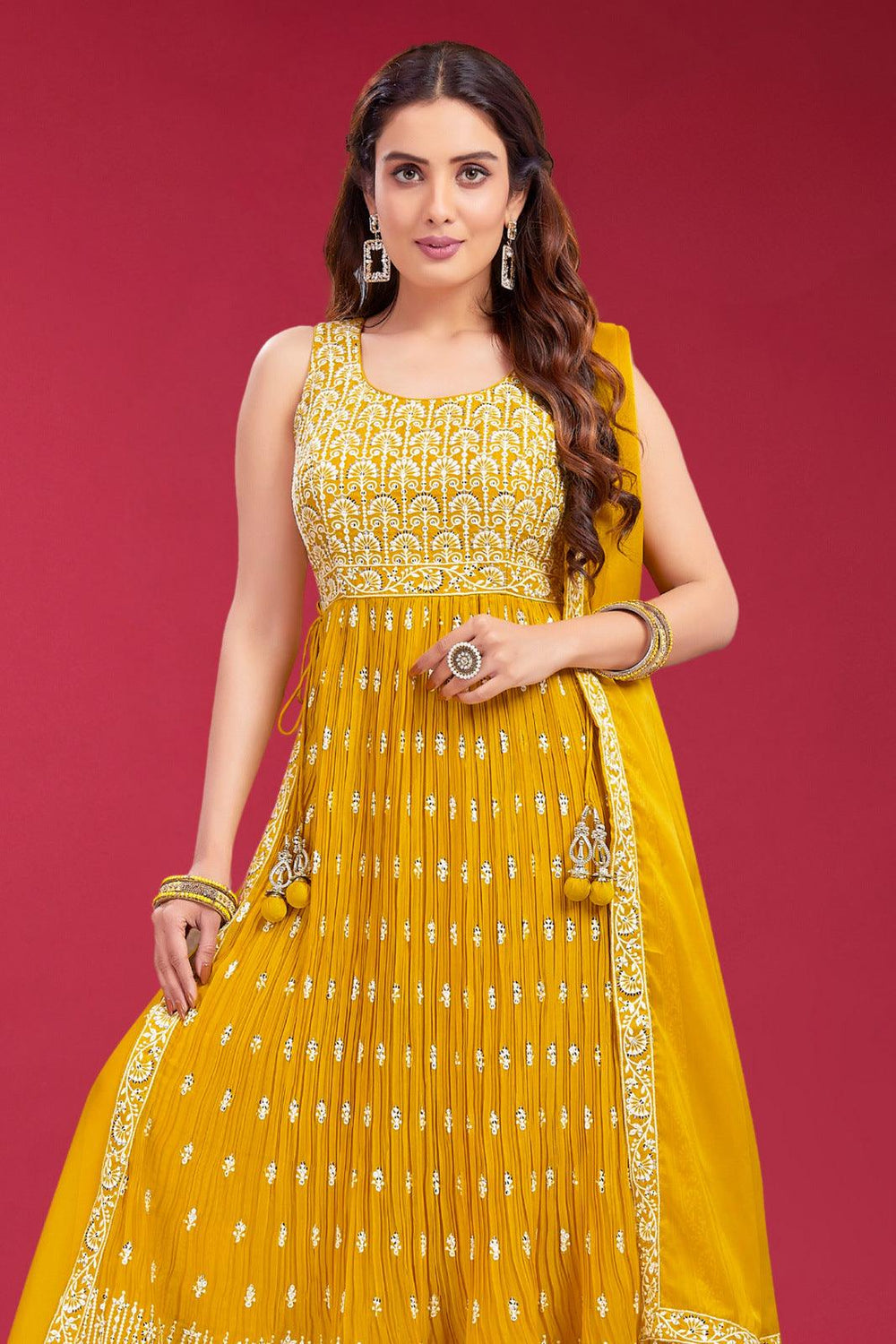 Yellow Thread and Sequins work Salwar Suit with Palazzo Pants - Seasons Chennai