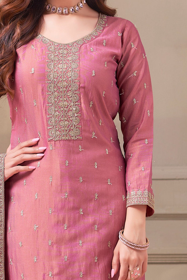 Onion Pink Zari, Thread and Sequins work Straight Cut Salwar Suit