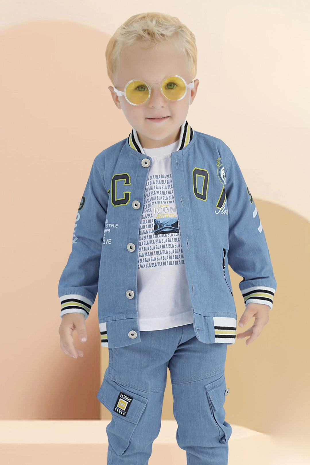 Light Blue with White Printed Waist Coat and Joggers Set for Boys