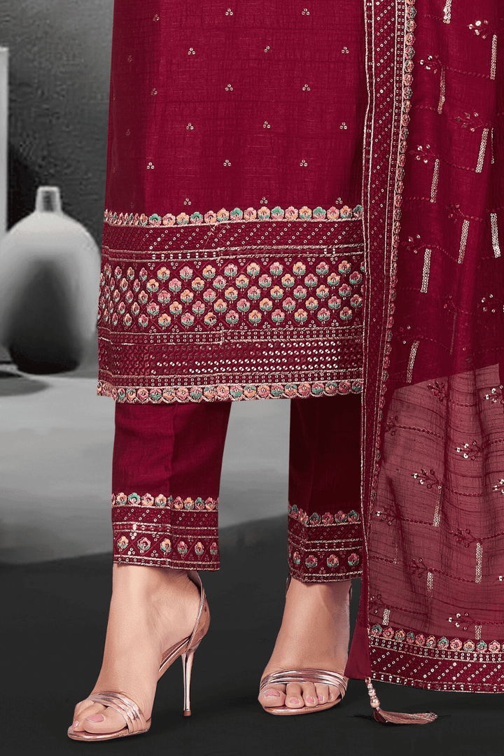 Maroon Multicolor Thread and Sequins work Straight Cut Salwar Suit - Seasons Chennai