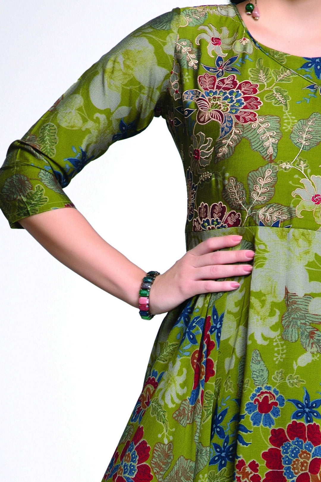 Green Zari and Thread work with Printed Anarkali Styled Long Kurti - Seasons Chennai