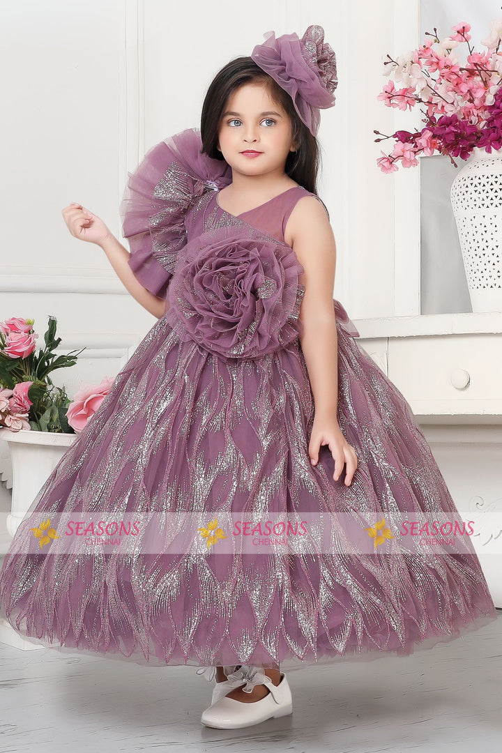 Lilac Glitter work Long Party Gown for Girls