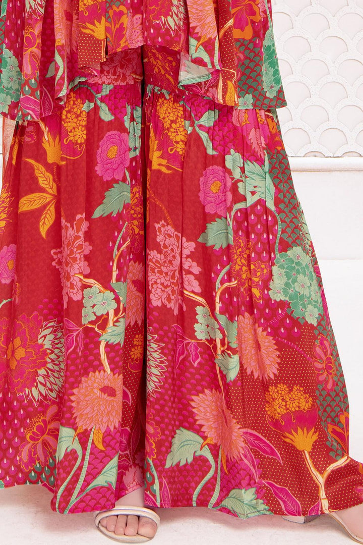 Red Multicolor Digital Print Alia Cut Peplum Top and Sharara Set for Girls - Seasons Chennai