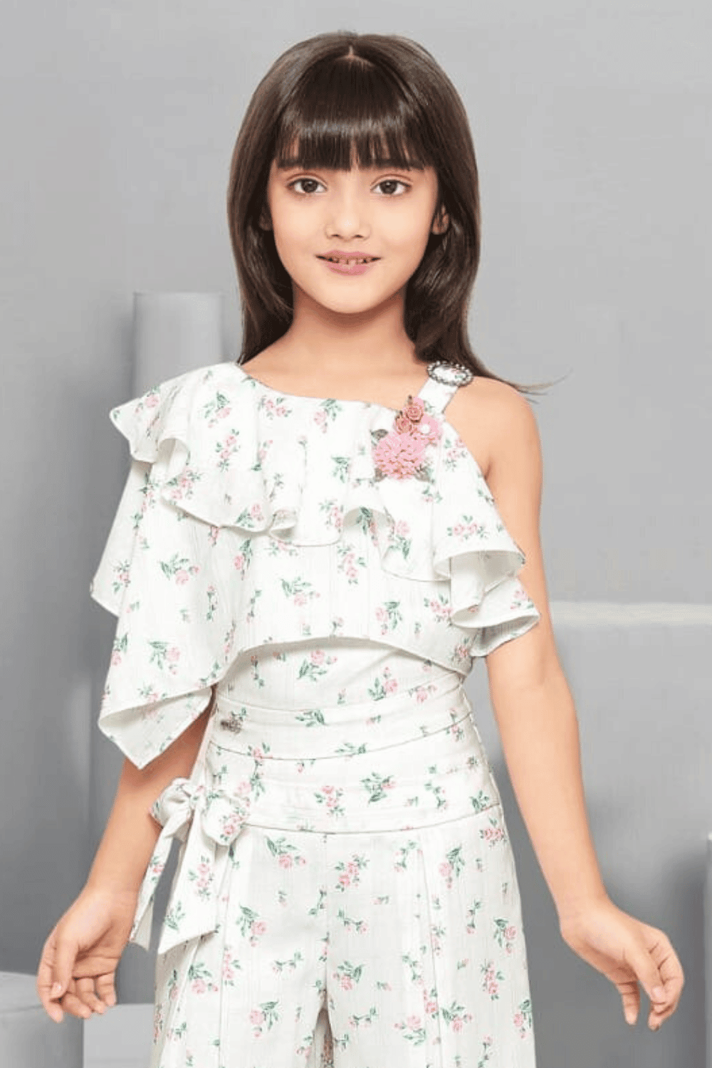 Half White Floral Print Top with Palazzo Set for Girls - Seasons Chennai