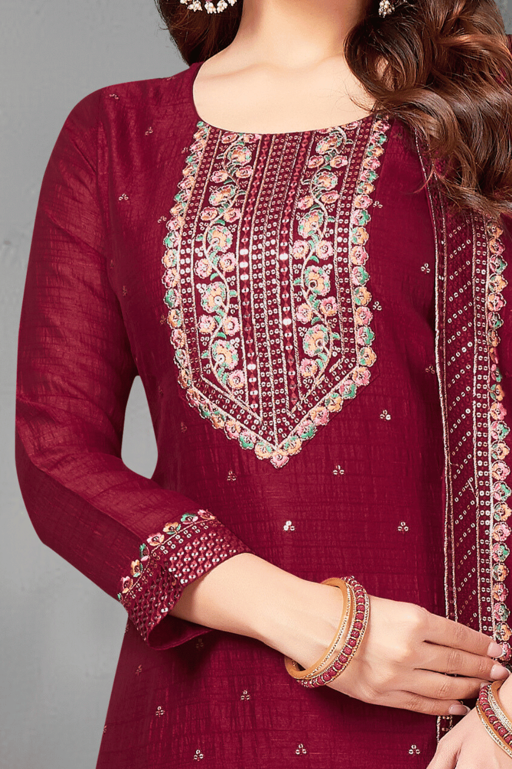 Maroon Multicolor Thread and Sequins work Straight Cut Salwar Suit - Seasons Chennai