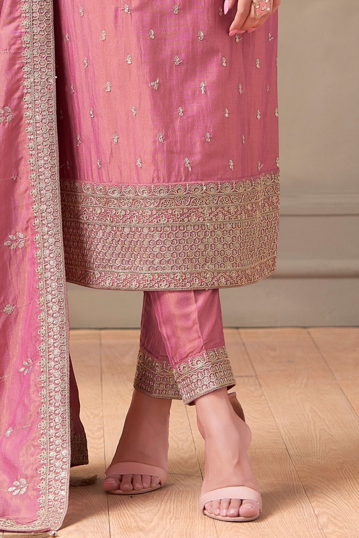 Onion Pink Zari, Thread and Sequins work Straight Cut Salwar Suit