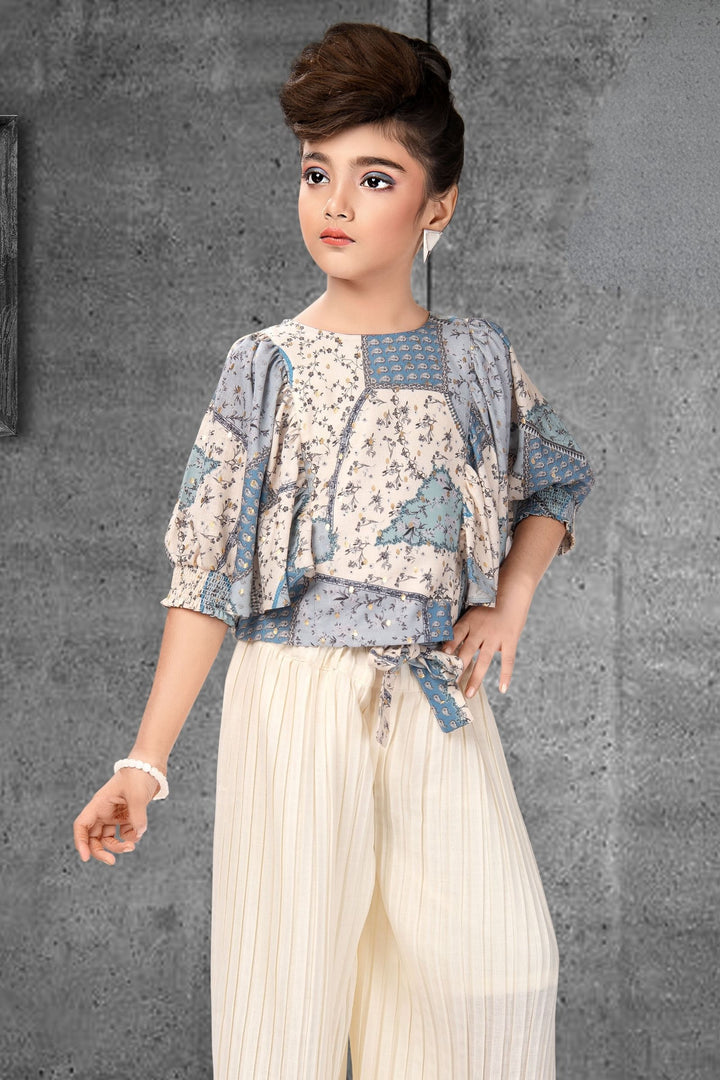 Cream with Blue  Printed Kaftan Top with Palazzo Set for Girls