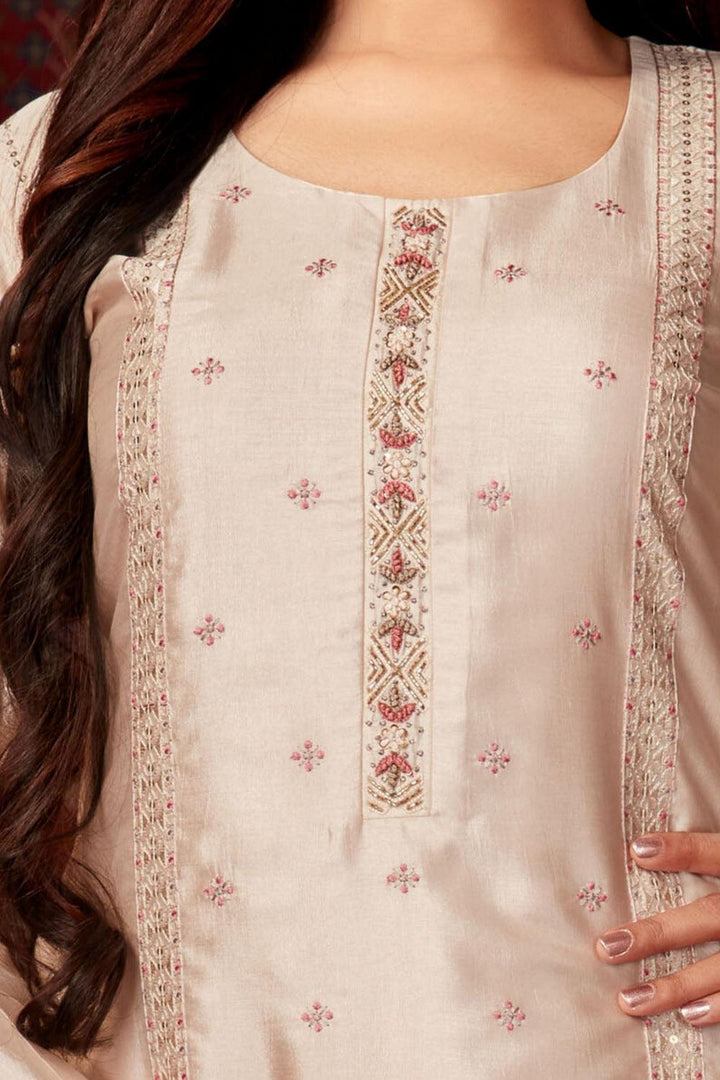 Beige Thread, Sequins and Beads work Straight Cut Salwar Suit - Seasons Chennai