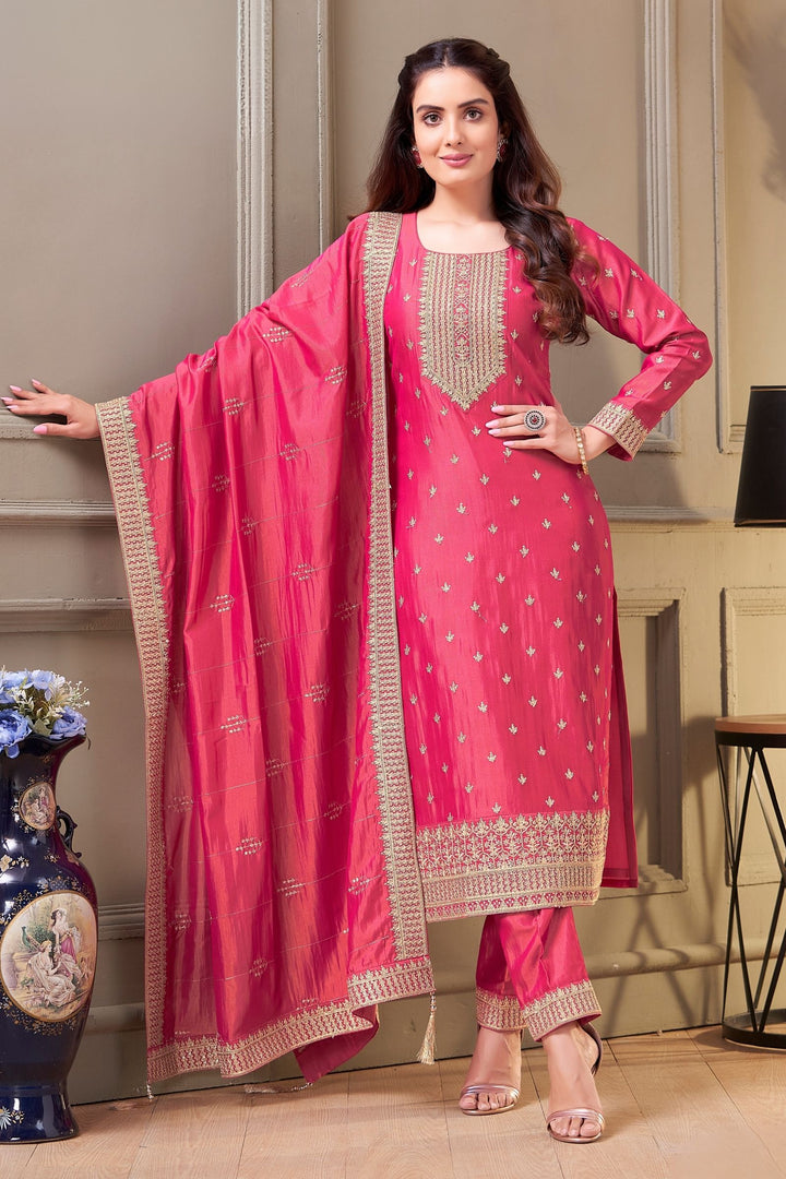 Rani Pink Zari Thread and Banaras Weaving work Straight Cut Salwar Suit