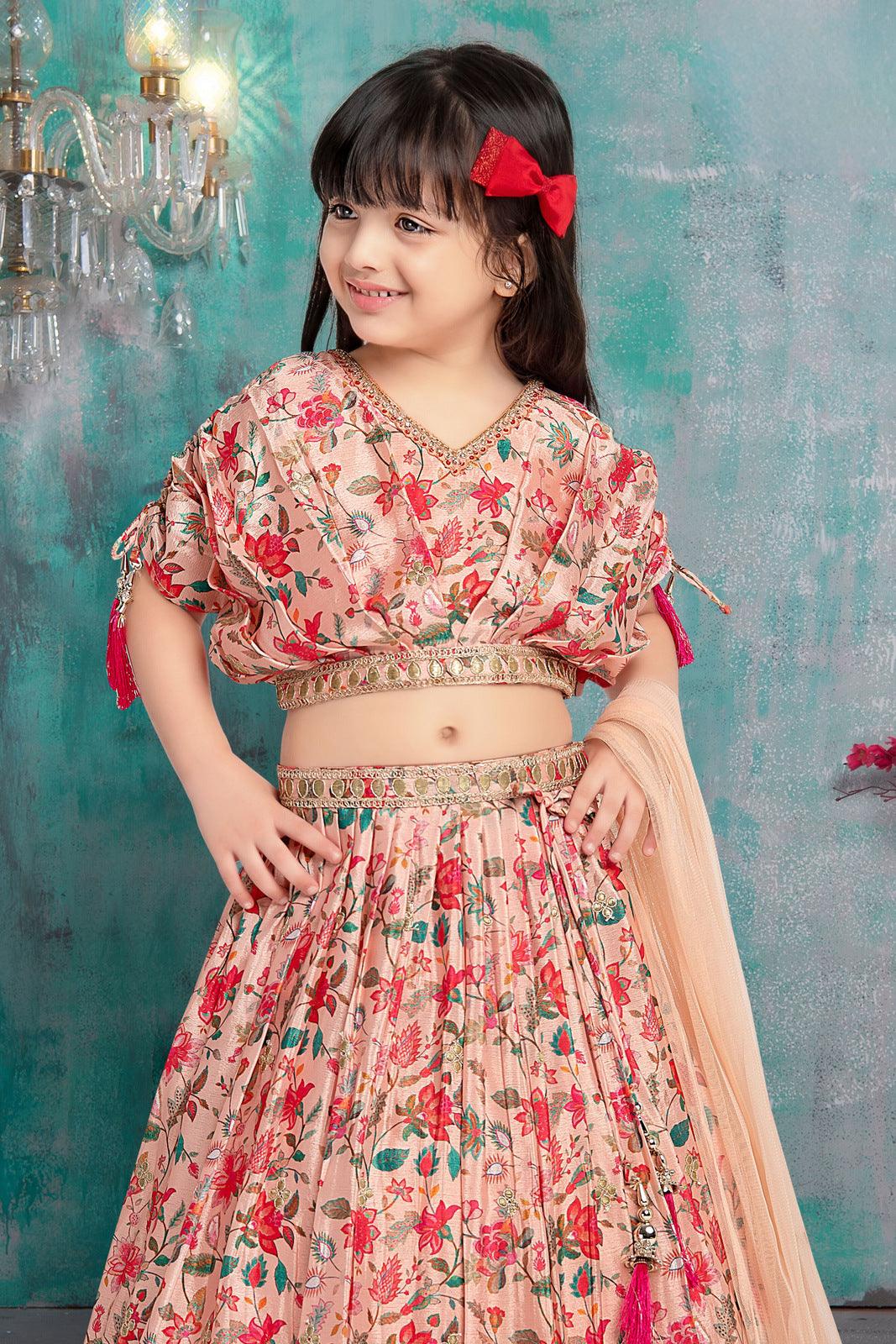 Peach with Multicolor Digital Print and Zari work Kaftan Styled Lehenga Choli for Girls - Seasons Chennai