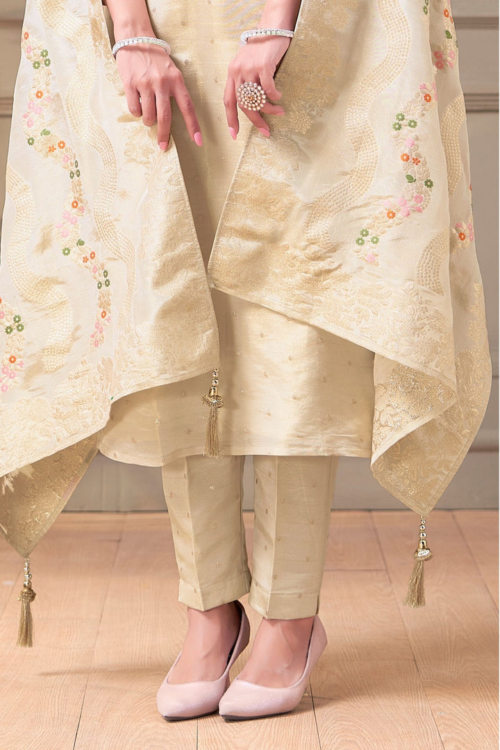 Cream Mirror, Sequins and Pearl work with Banaras Zari Weaving Straight Cut Salwar Suit