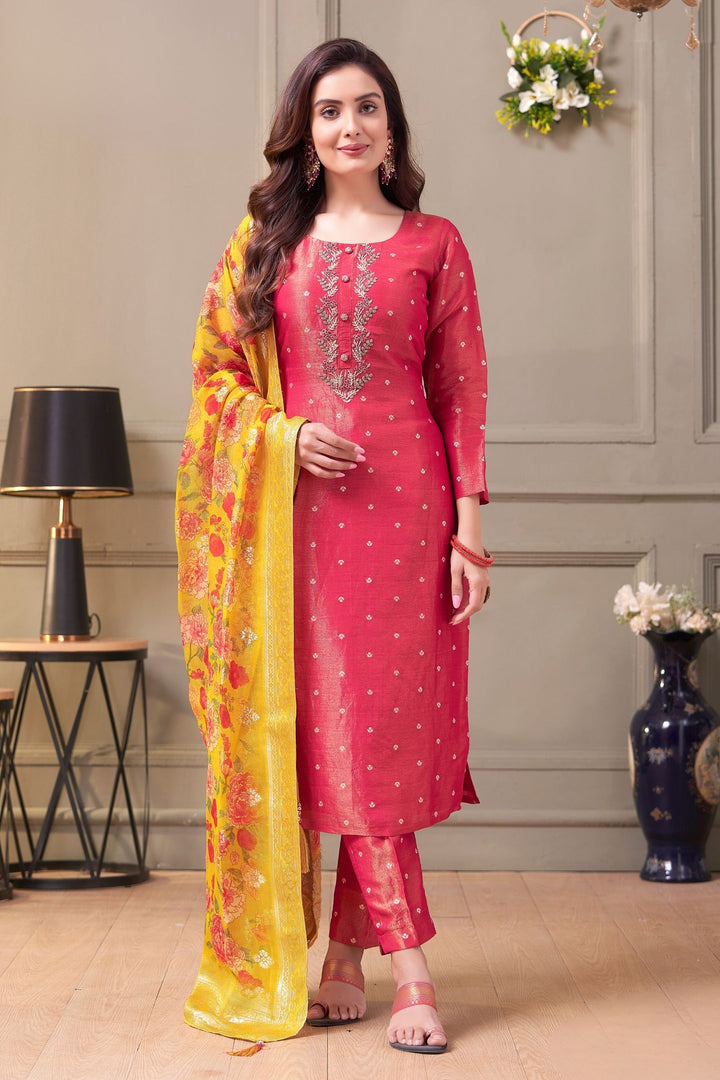 Red Zardozi, Beads and Pearl work with Banaras Zari Weaving Straight Cut Salwar Suit