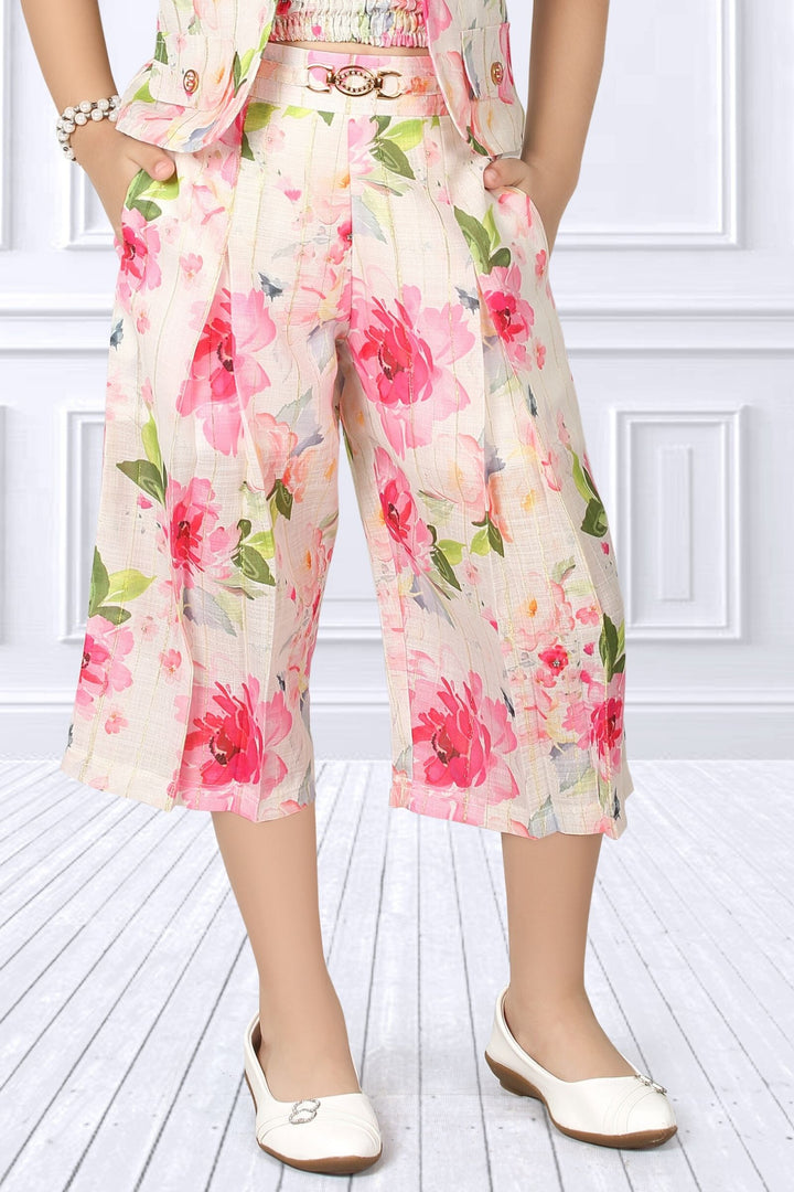 Half White with Floral Print Overcoat Styled Culottes Set for Girls