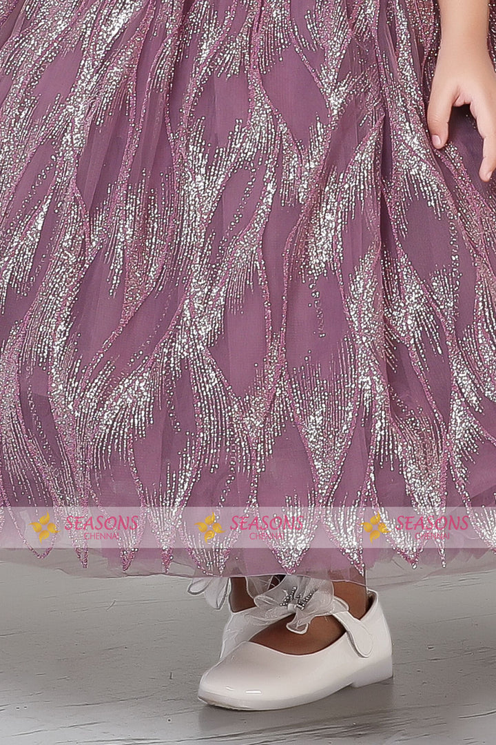 Lilac Glitter work Long Party Gown for Girls