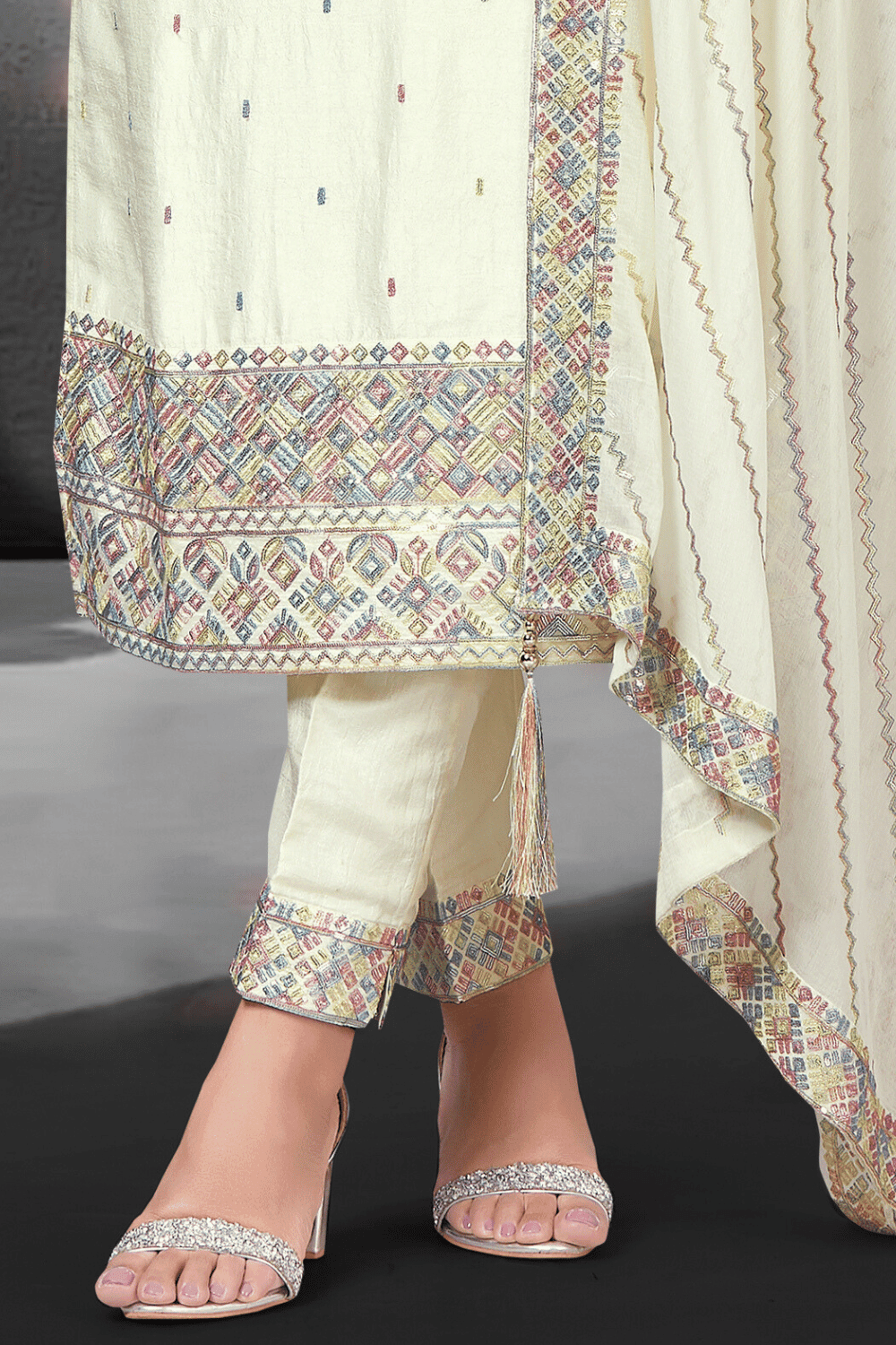 Cream Multicolor Thread and Sequins work Straight Cut Salwar Suit - Seasons Chennai