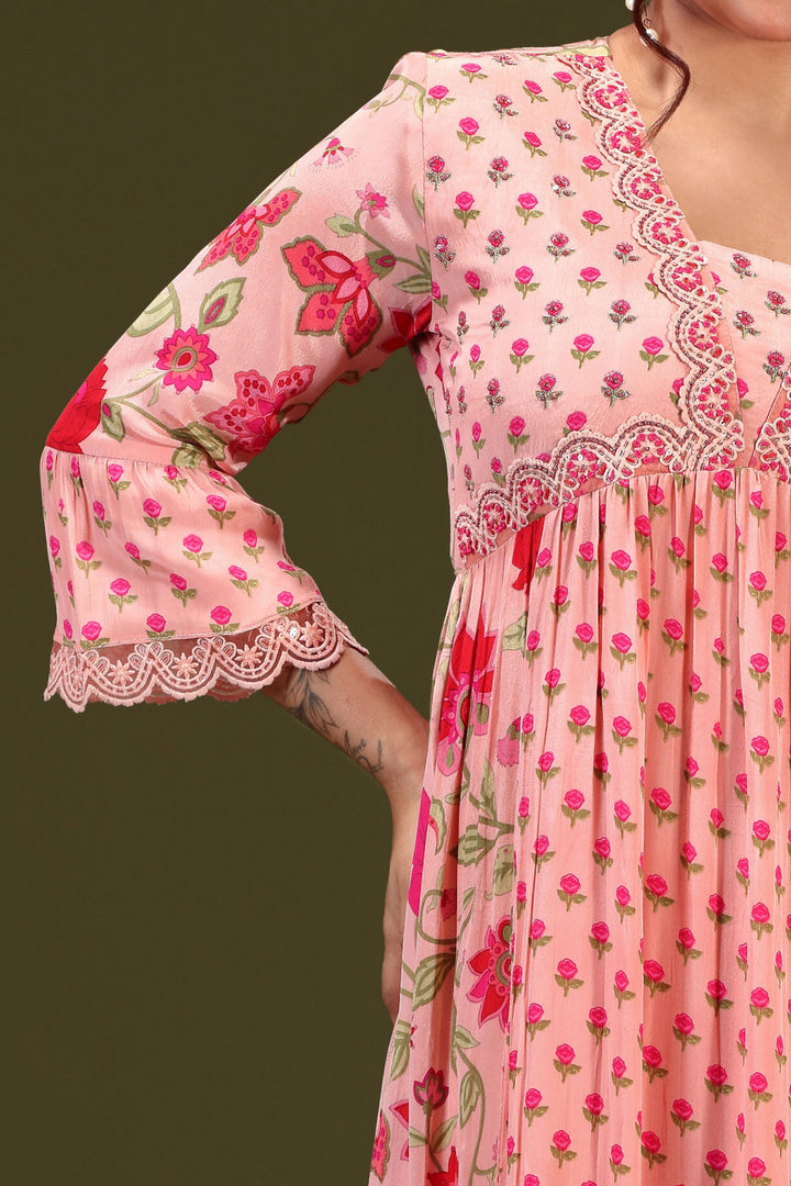Peach Floral Print, Pearl and Thread work Salwar Suit with Straight Pants