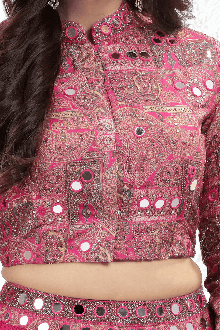 Pink Digital Print, Mirror and Beads work Overcoat Styled Crop Top Lehenga - Seasons Chennai