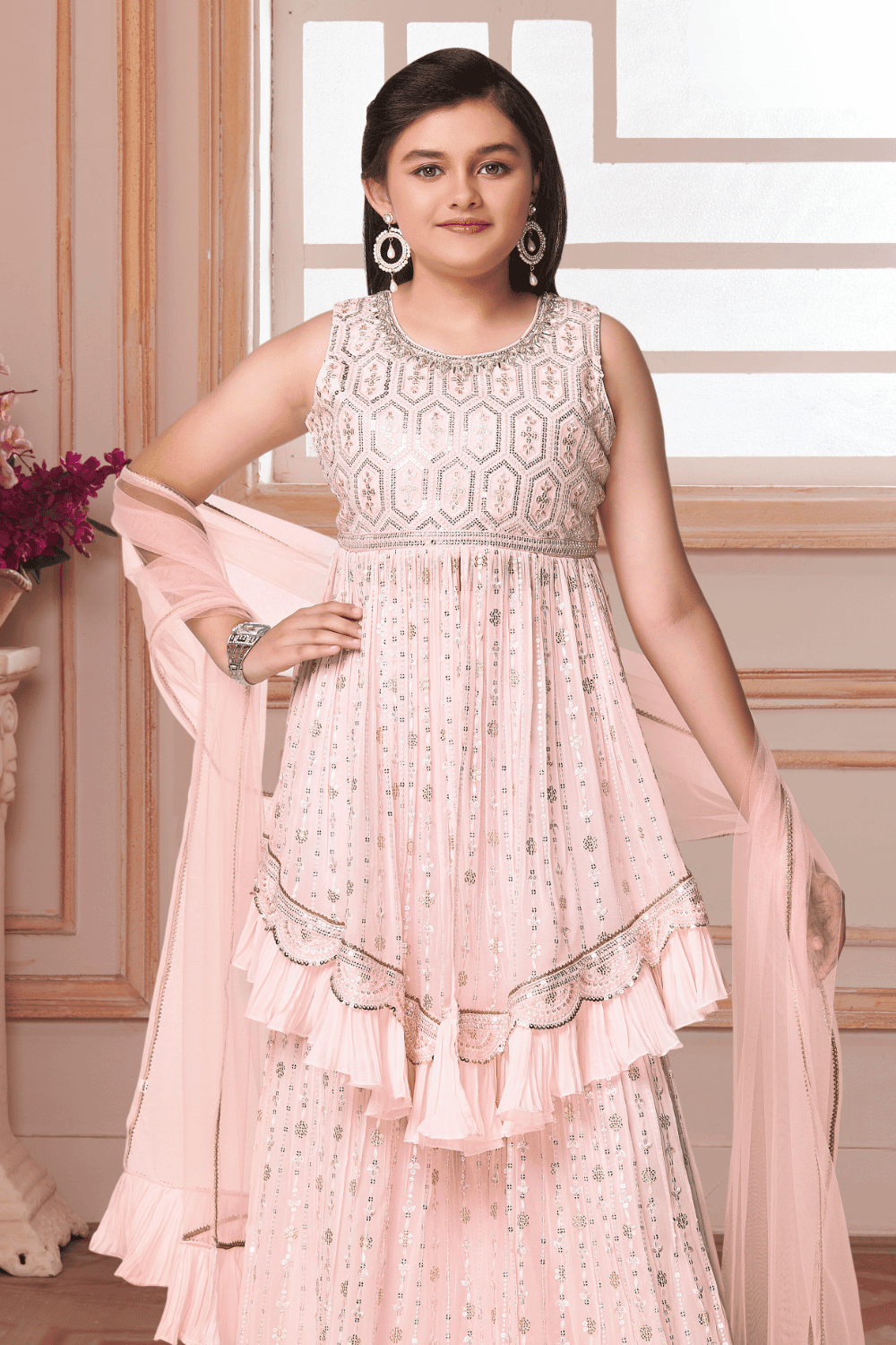 Light Pink Sequins, Thread, Stone and Zardozi work Peplum Style Sharara Suit Set for Girls - Seasons Chennai