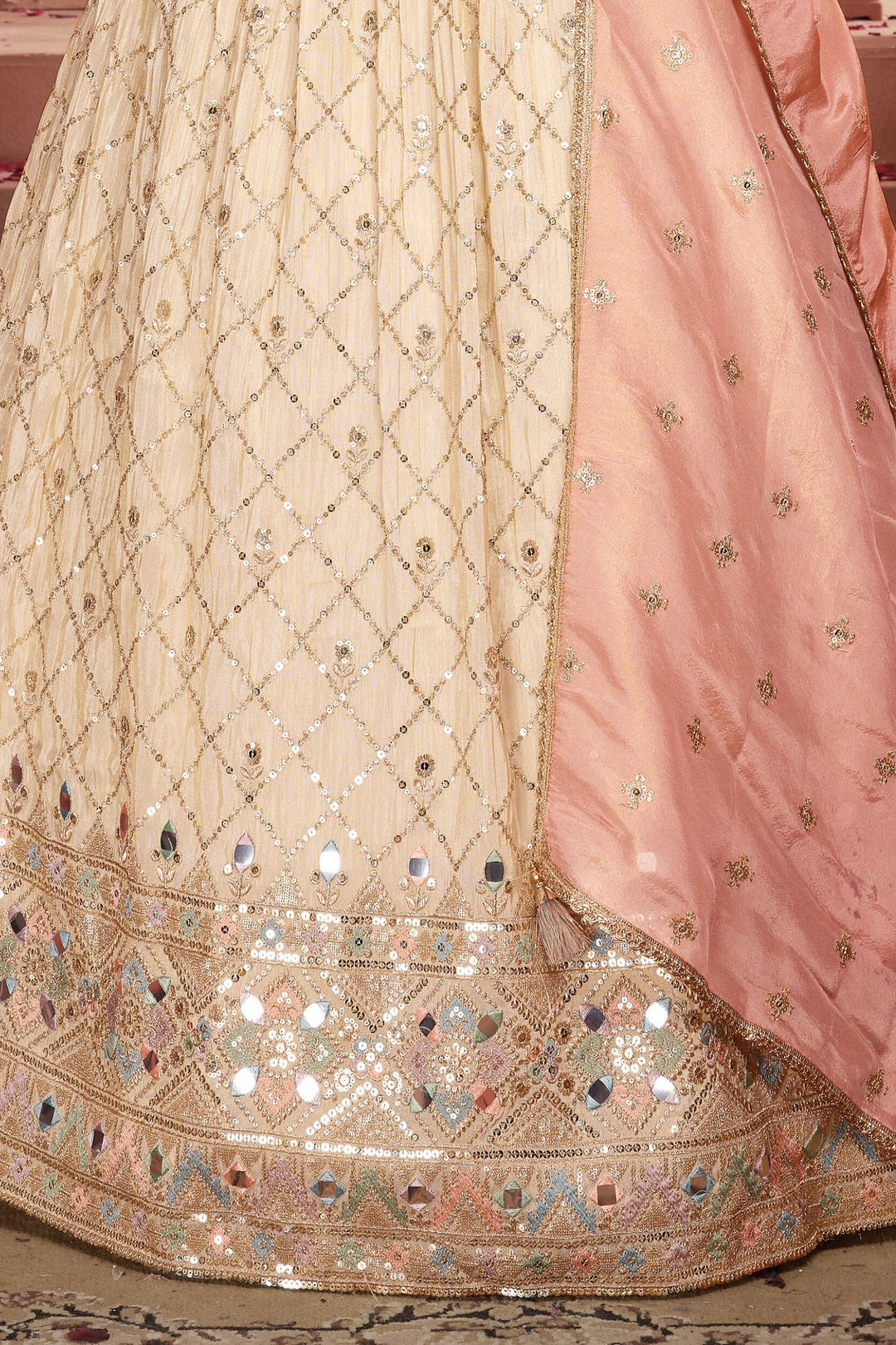 Beige Zari, Beads, Sequins and Multicolor Thread work Lehenga Choli fo