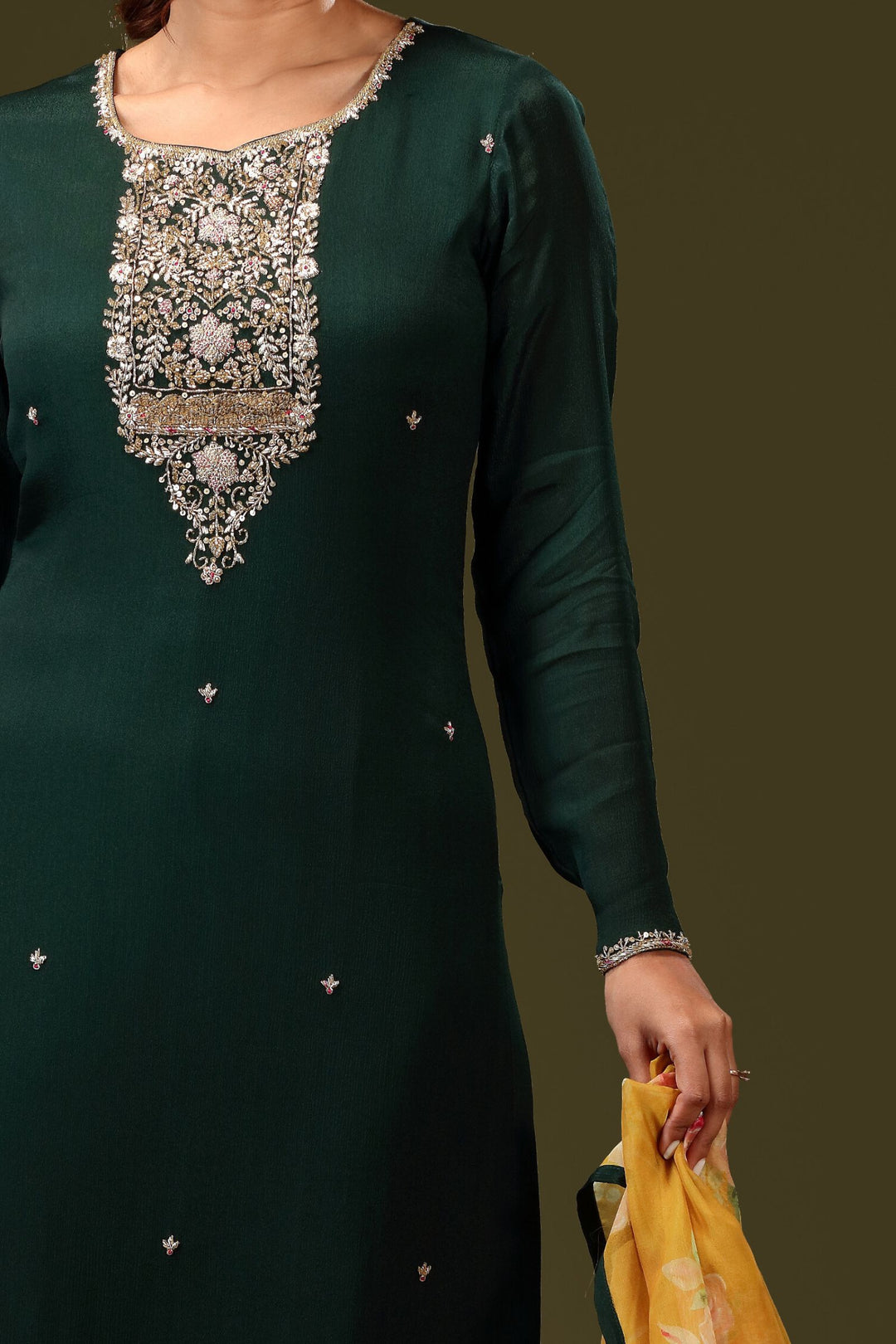 Bottle Green Beads, Zardozi and Sequins work Straight Cut Salwar Suit