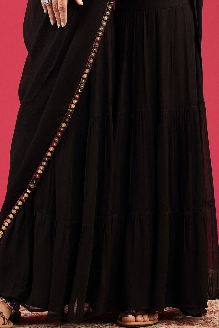 Black Multicolor Embroidery and Beads work Half Saree Styled Crop Top Sharara Set - Seasons Chennai