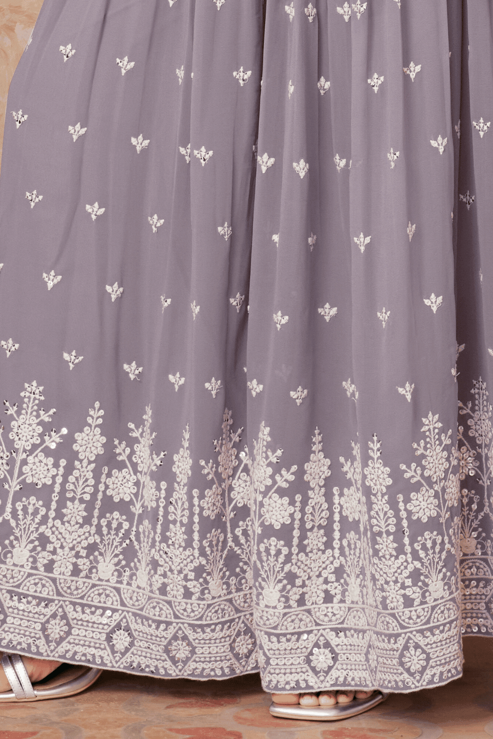 Light Purple Thread, Sequins, Pearl, Beads and Mirror work Choli with Palazzo Set for Girls - Seasons Chennai