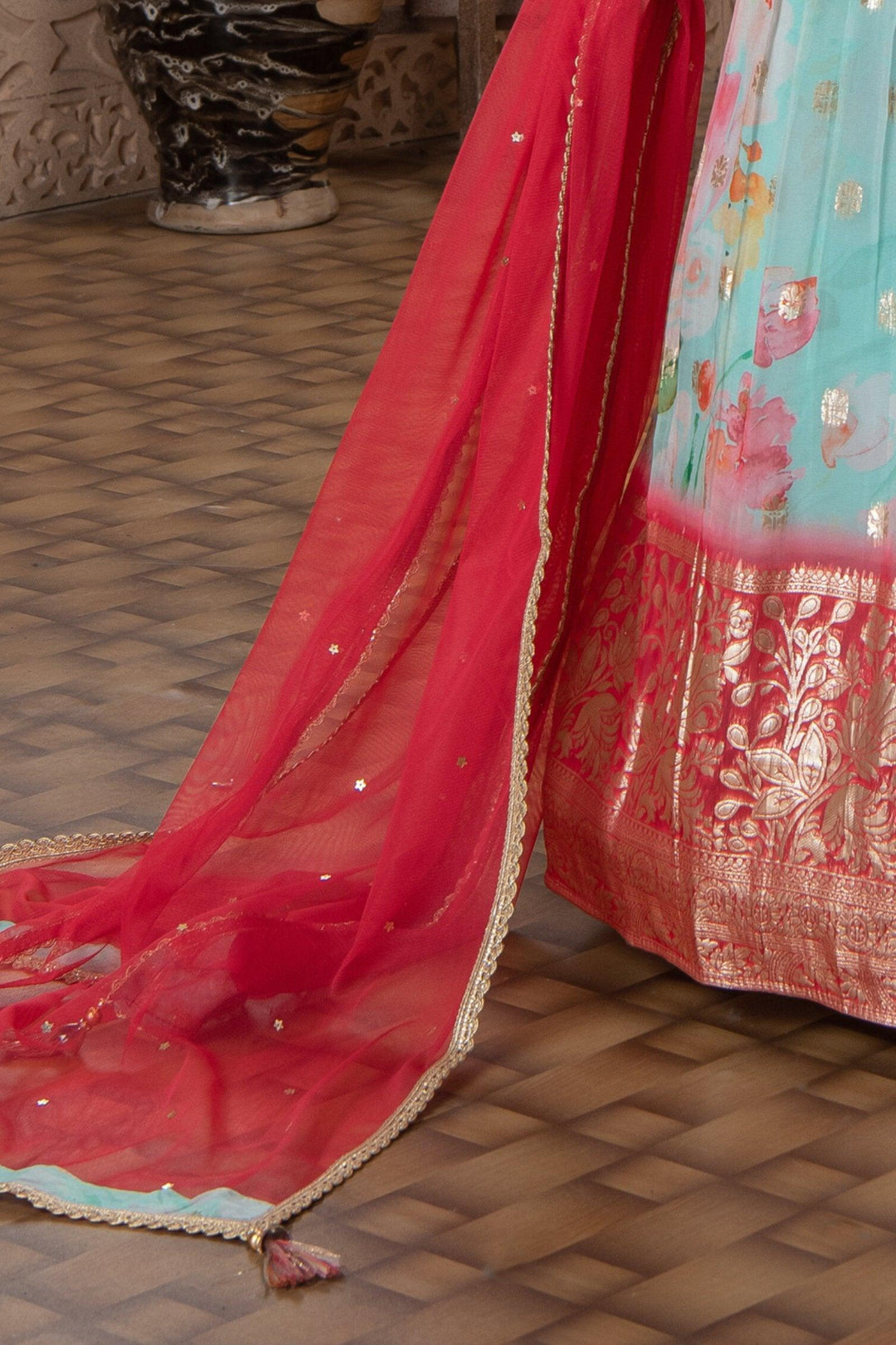 Sea Green Mirror, Multicolor Thread and Banaras work with Floral Print Lehenga Choli for Girls - Seasons Chennai