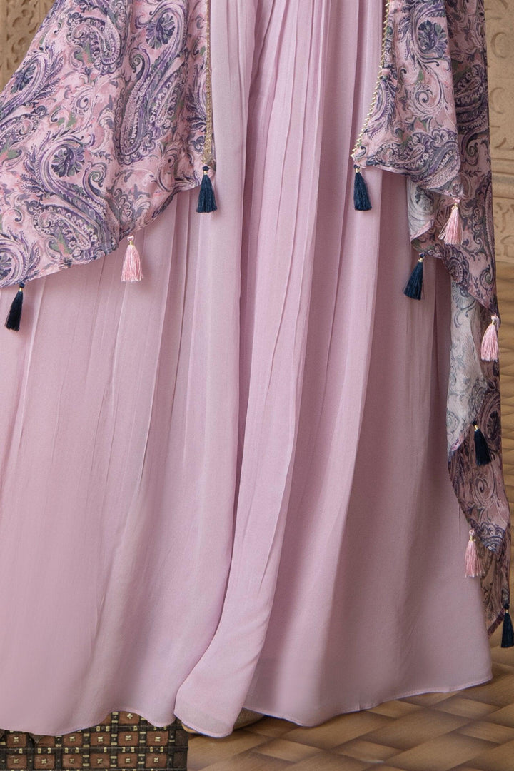 Lilac Mirror, Thread and Zari work with Digital Print Overcoat Styled Palazzo Set For Girls - Seasons Chennai