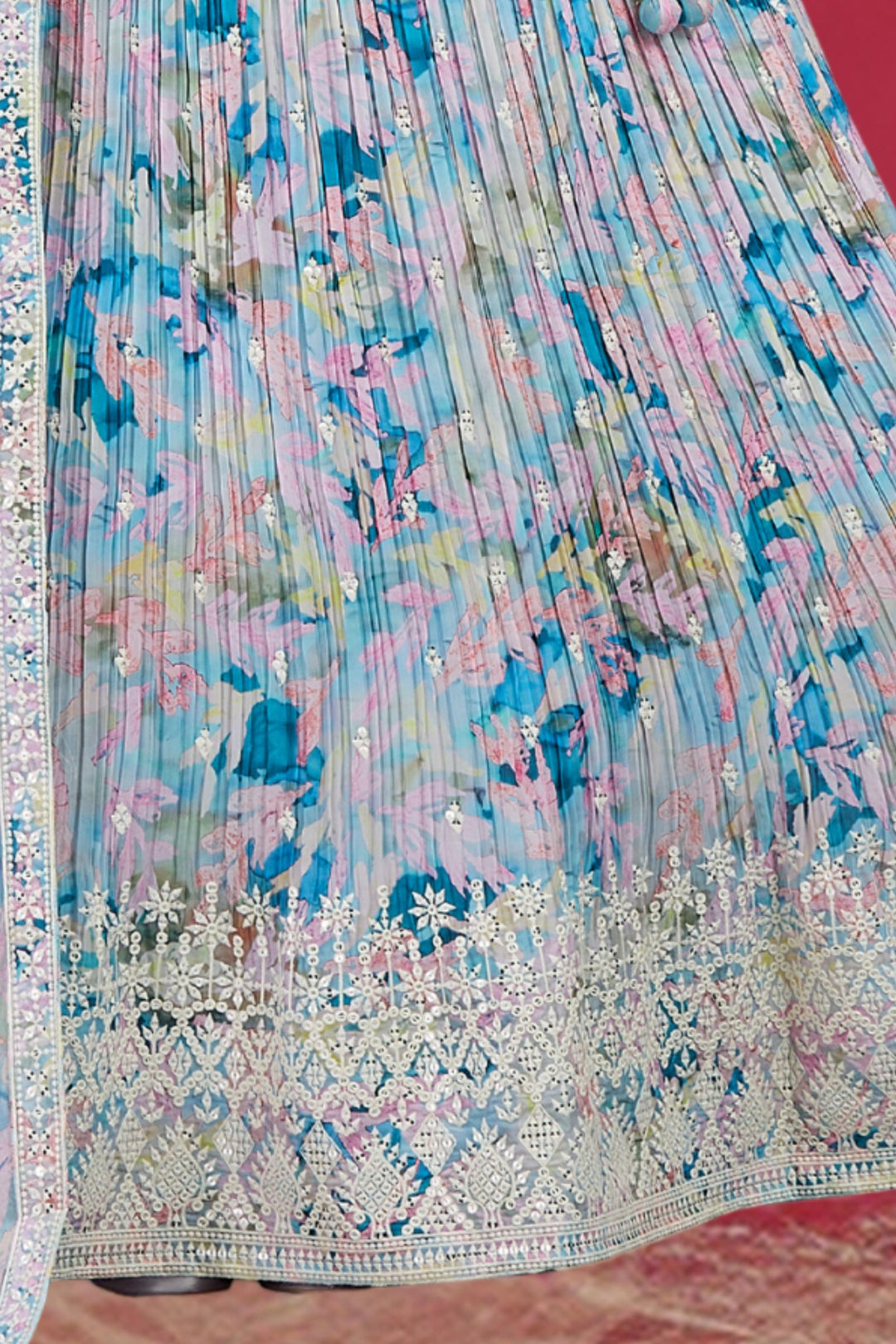 Blue Multicolor Digital Print, Sequins and Thread work Crop Top Lehenga