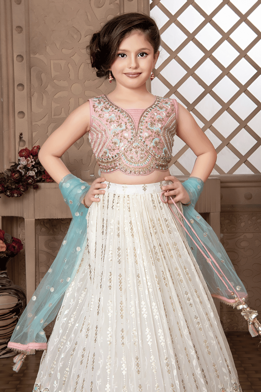 Pink with Cream Beads, Zari, Sequins, Stone and Thread work Lehenga Choli for Girls - Seasons Chennai