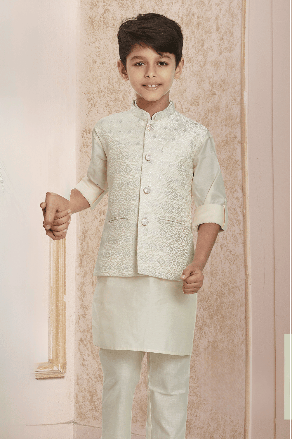 Cream Thread work Waist Coat Kurta Set for Boys - Seasons Chennai