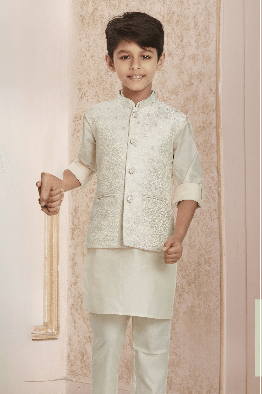 Cream Thread work Waist Coat Kurta Set for Boys
