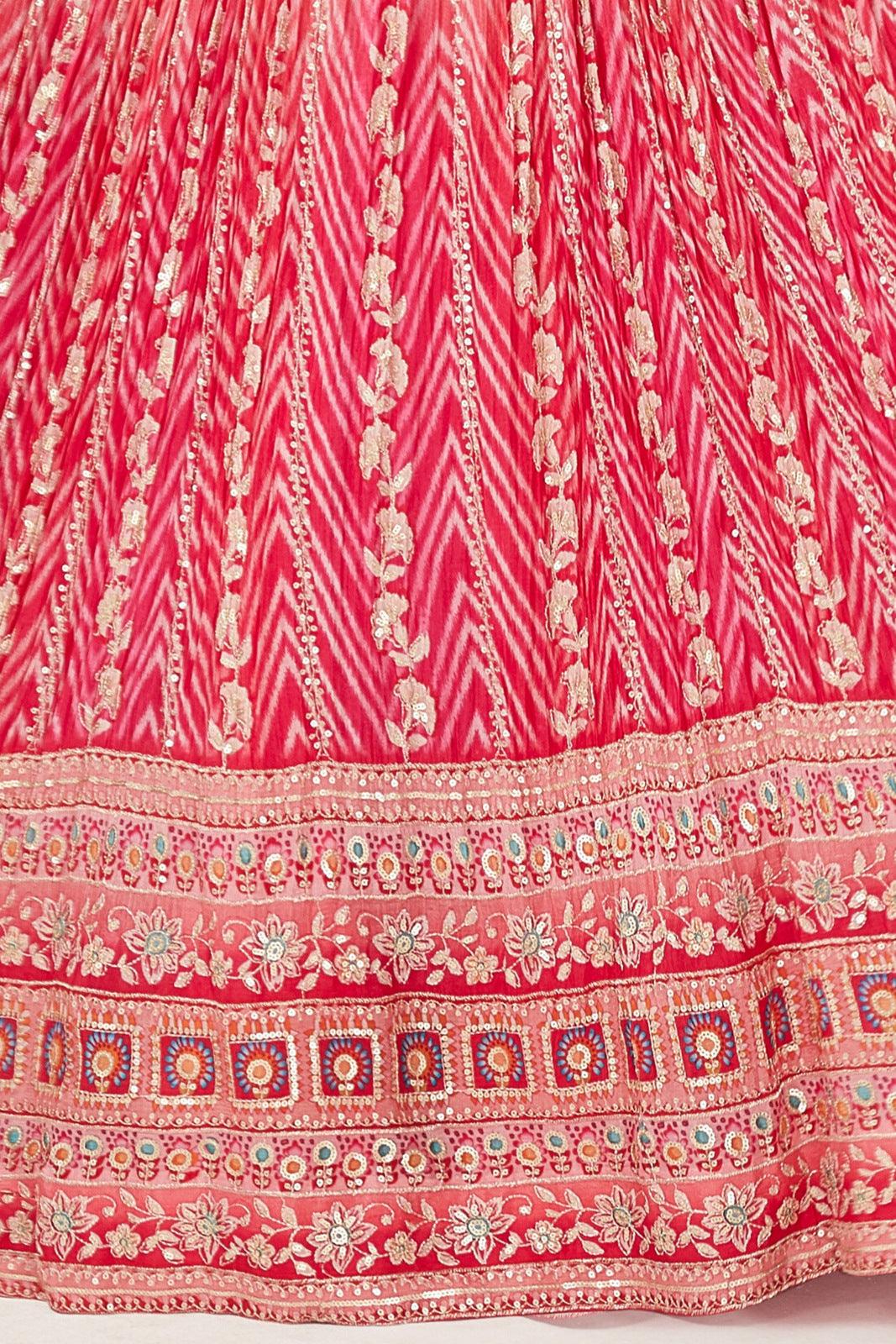 Rani Pink Multicolor Embroidery and Mirror work with Leheriya Print Crop Top Lehenga - Seasons Chennai