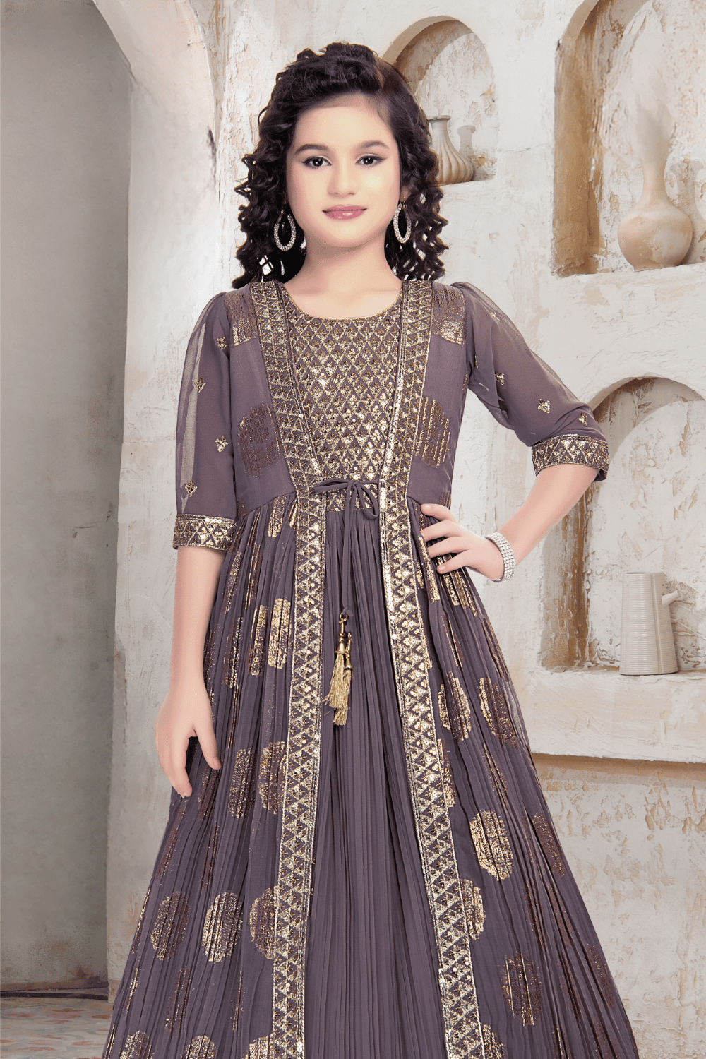 Lilac Zari and Sequins work Overcoat Styled Long Party Gown for Girls - Seasons Chennai