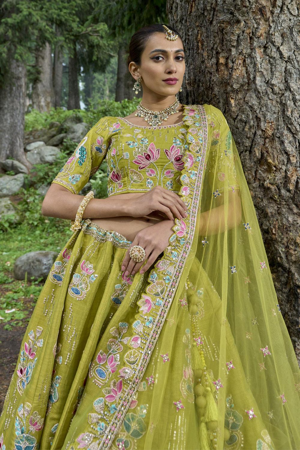 Parrot Green Pearl, Thread, Zari and Stone work Semi Stitched Bridal Lehenga - Seasons Chennai