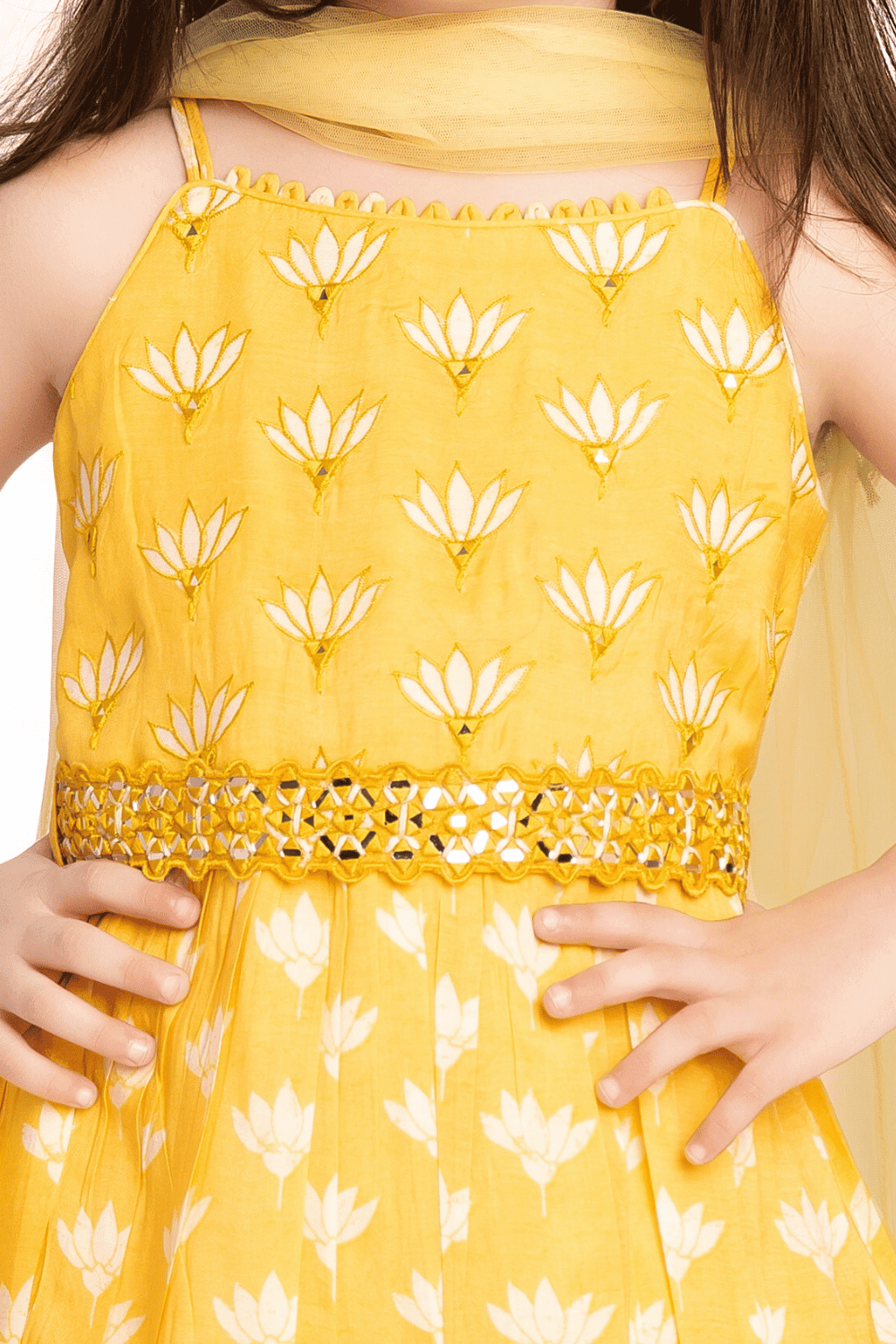 Yellow Printed, Mirror and Thread work Peplum Top and Palazzo Set for Girls with Belt - Seasons Chennai