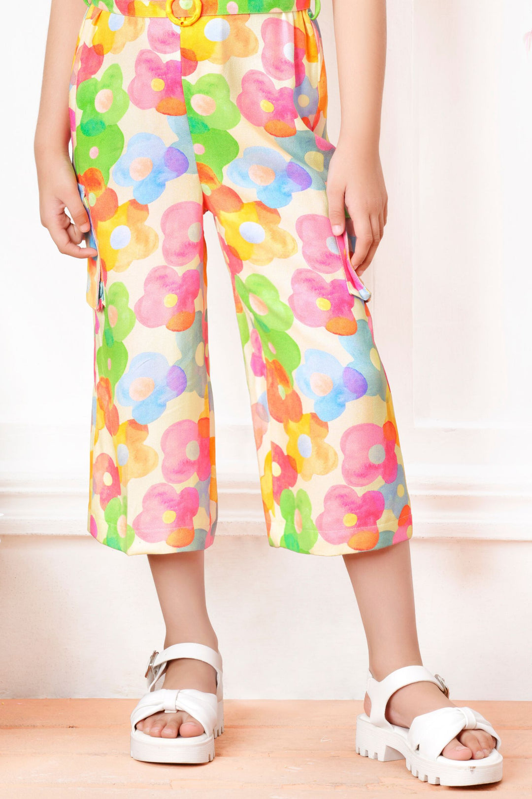 Cream with Multicolor Digital Print Jumpsuit for Girls