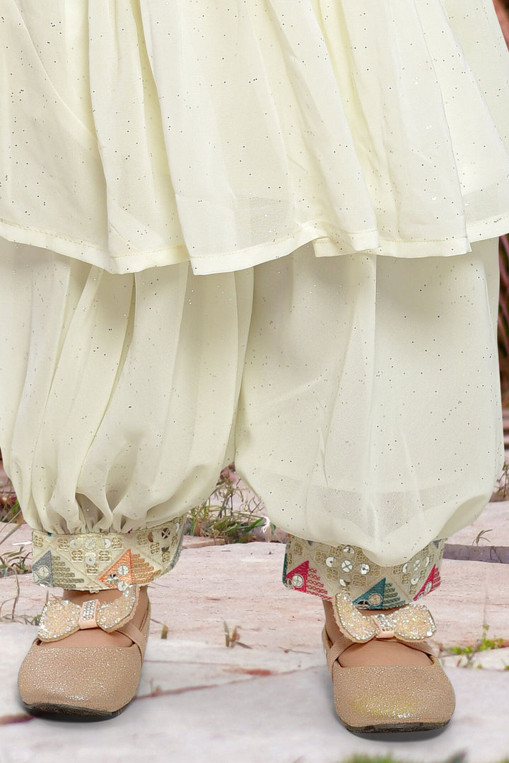 Half White Thread, Sequins and Zari work Peplum Top with Afghani Set for Girls