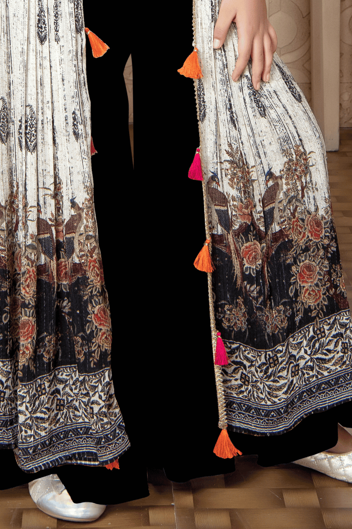 Black with Cream Mirror, Zardozi, Zari, Beads and Thread work Overcoat Styled Palazzo Set For Girls - Seasons Chennai