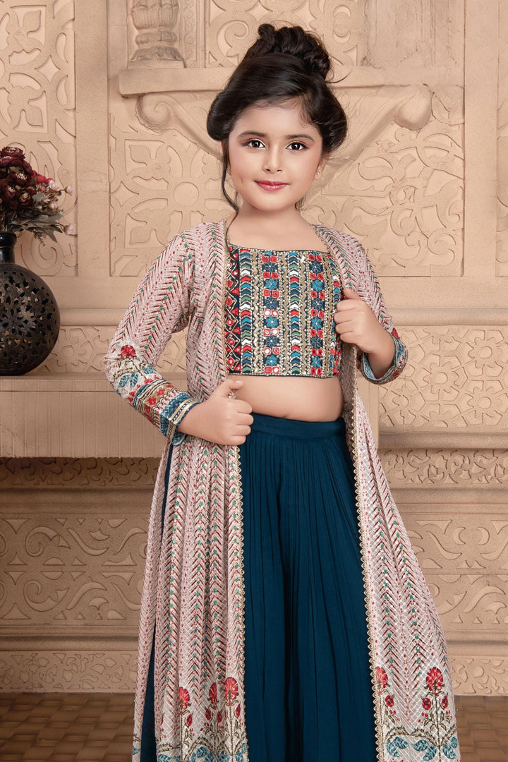 Peacock Blue with Light Pink Long Overcoat with Choli and Palazzo Set For Girls - Seasons Chennai