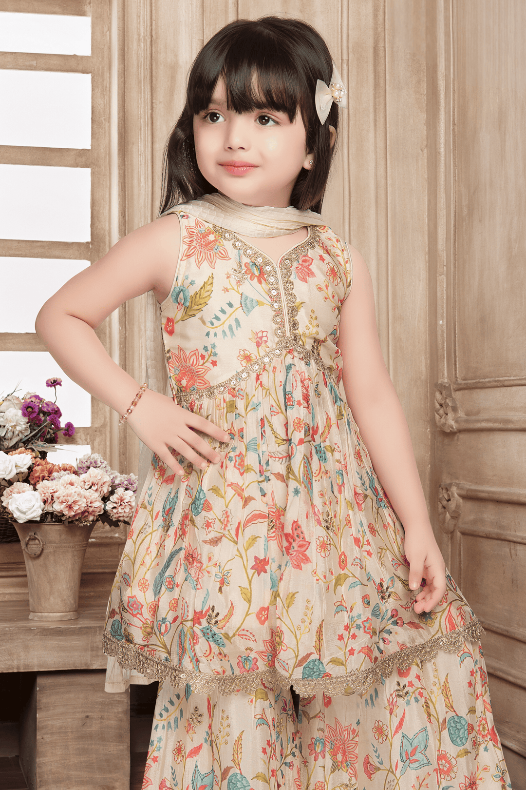 Cream with Multicolor Digital Print, Sequins and Zari work Peplum Top and Sharara Set for Girls - Seasons Chennai