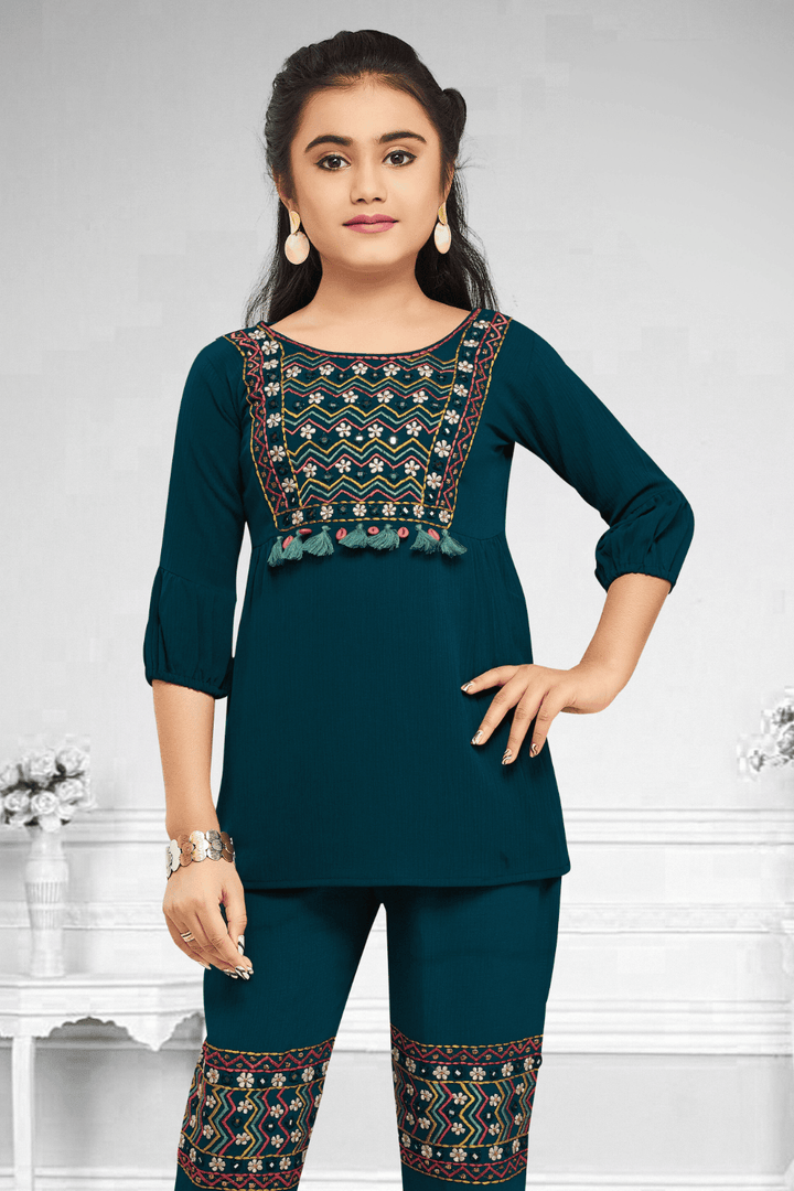 Peacock Blue Embroidery and Mirror work Co-ord Set for Girls - Seasons Chennai
