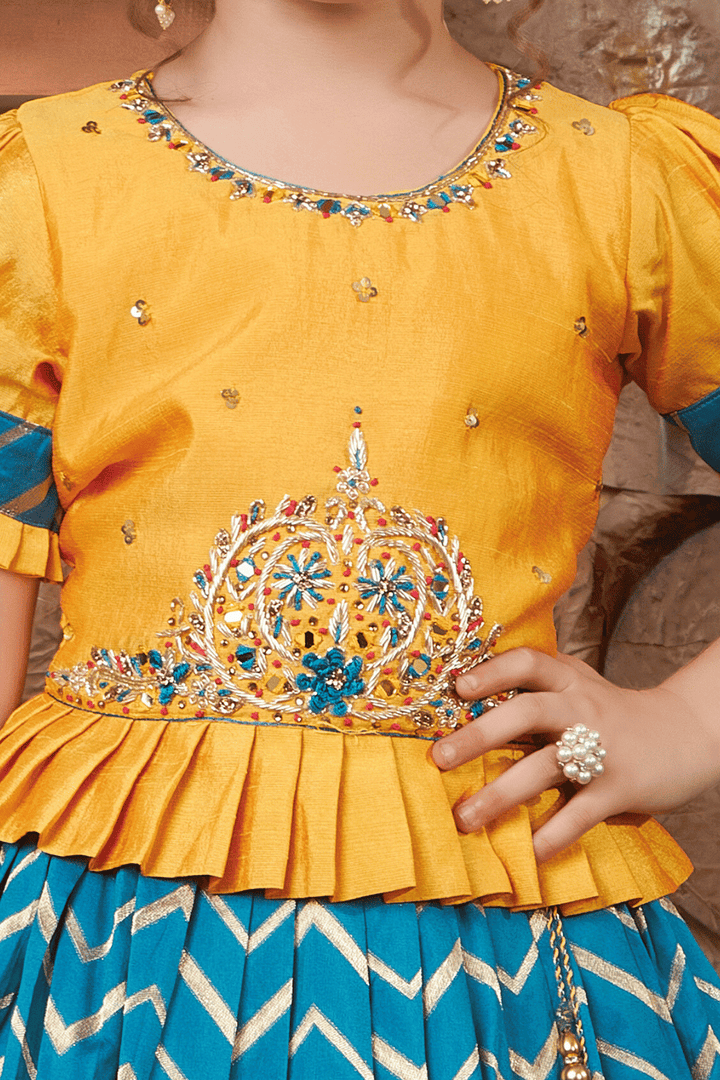 Yellow with Rama Blue Zardozi, Stone, Mirror, Beads and Banaras work Lehenga Choli for Girls - Seasons Chennai