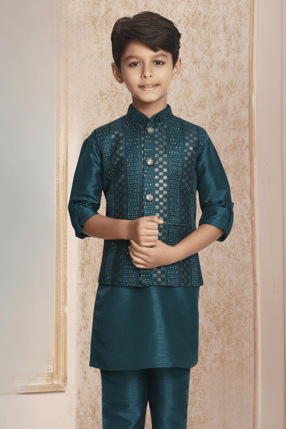 Peacock Blue Sequins and Thread work Waist Coat Kurta Set for Boys - Seasons Chennai