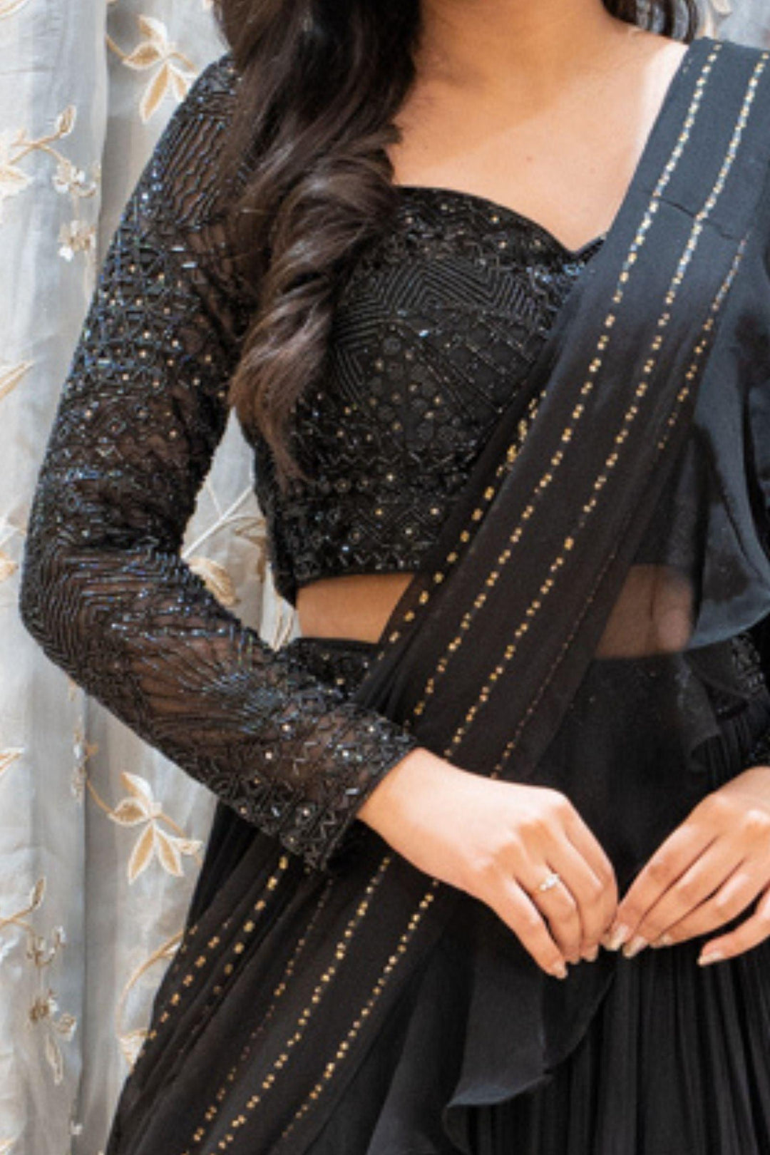 Black Beads and Sequins work Drape Style Crop Top Lehenga - Seasons Chennai