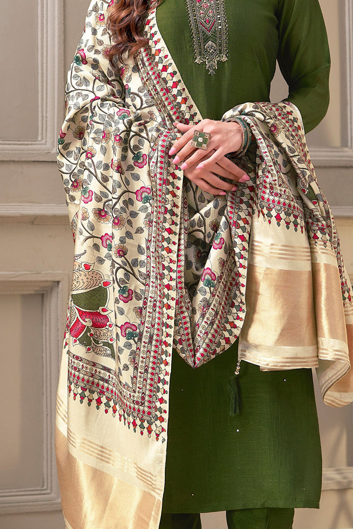 Leaf Green Beads, Zardozi and Zari work Straight Cut Salwar Suit with Digital Print Dupatta