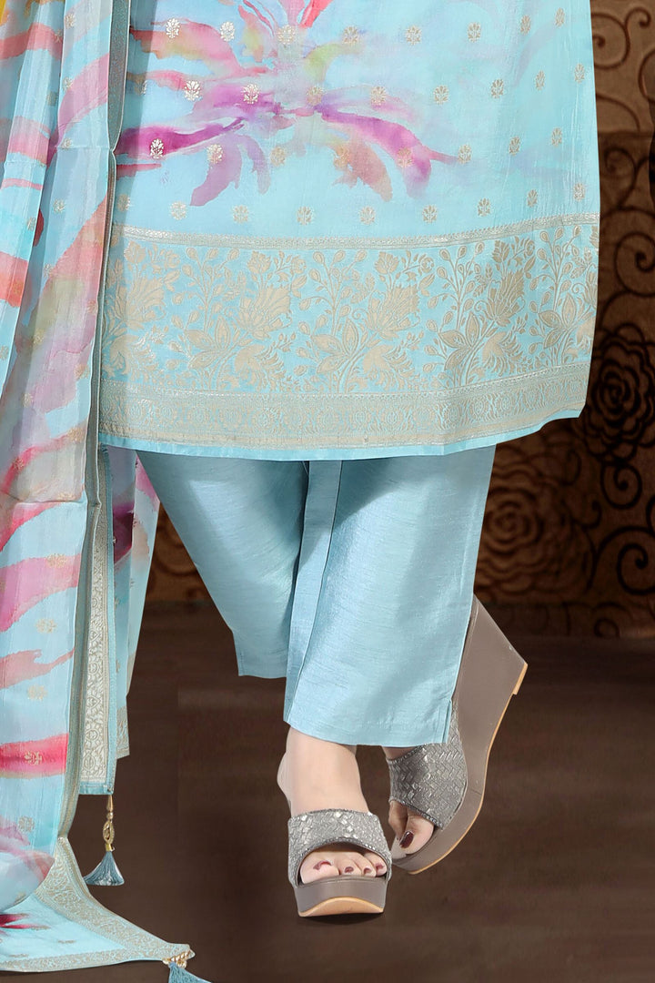 Sky Blue Banaras, Zardozi and Zari work with Tie and Dye Print Straight Cut Salwar Suit