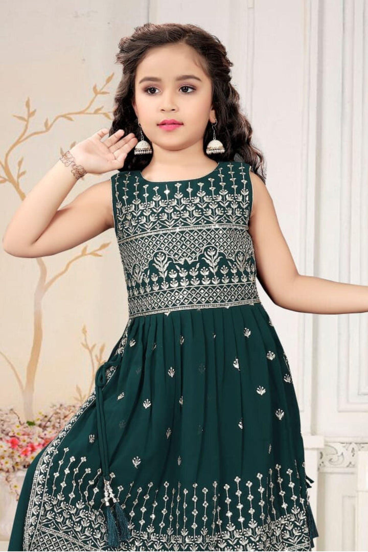 Peacock Blue Silver Zari and Sequins work for Girls Palazzo Suit Set - Seasons Chennai